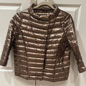 Brown Quilted Puffer Jacket with Stand-Up Collar ¾ sleeves